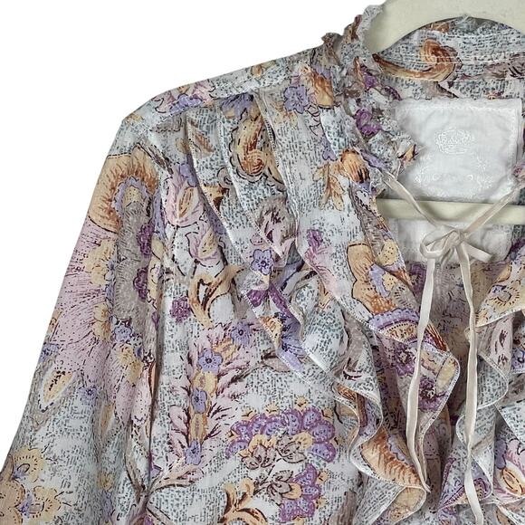 Cino Ruffle Front Blouse Floral Print Button Down Velvet Tie Size L - Picture 7 of 14